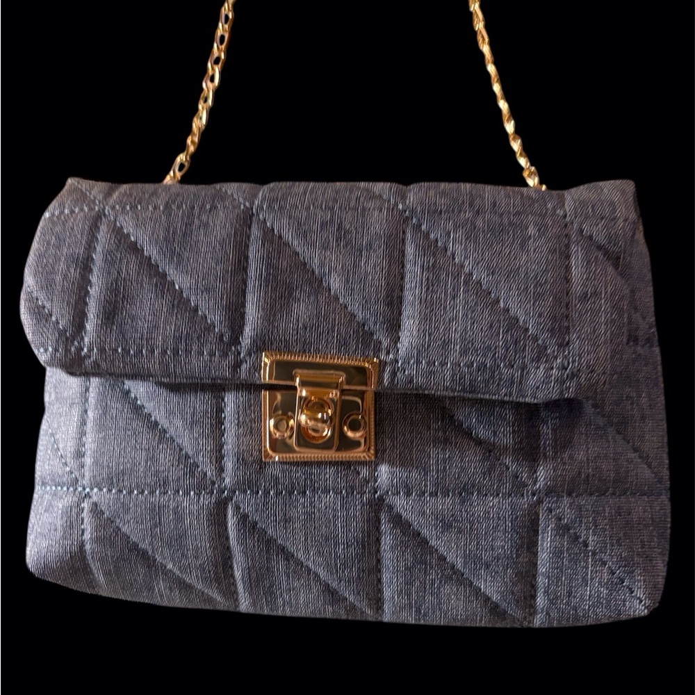 NEW - Unbranded, denim blue, quilted cross body with gold chain